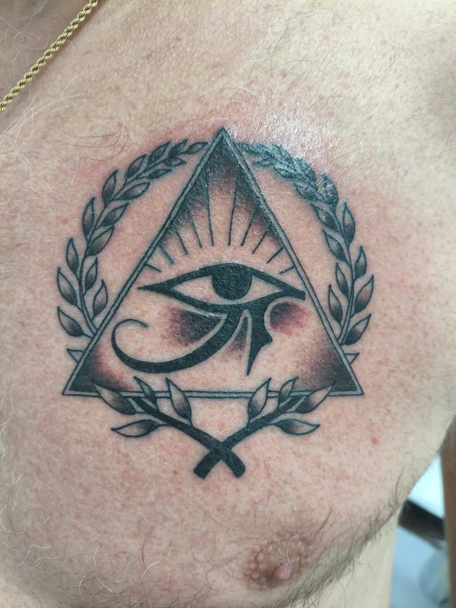 Tatuaje black & grey del ojo de Horus en triángulo con laurel